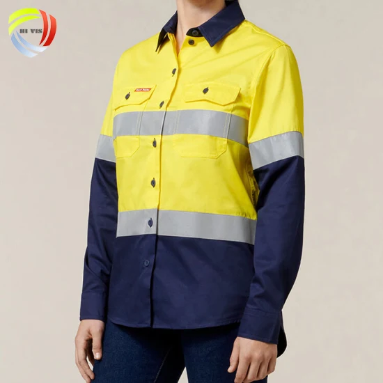 Mujer Ropa de seguridad reflectante de dos tonos Camisas de trabajo reflectoras de construcción de algodón con cinta de alta visibilidad de manga larga